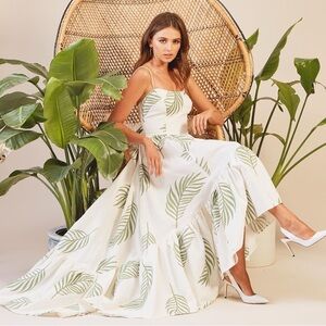 Mestiza NY Cleo Ballgown Size 2 Embroidered Palm Leaf Print Off-White Green